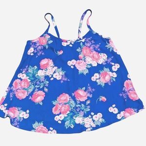 Torrid‎ 1 1X Tank Top Blue Hot Pink Floral Semi Sheer Flowy Cami Lace Up Back
